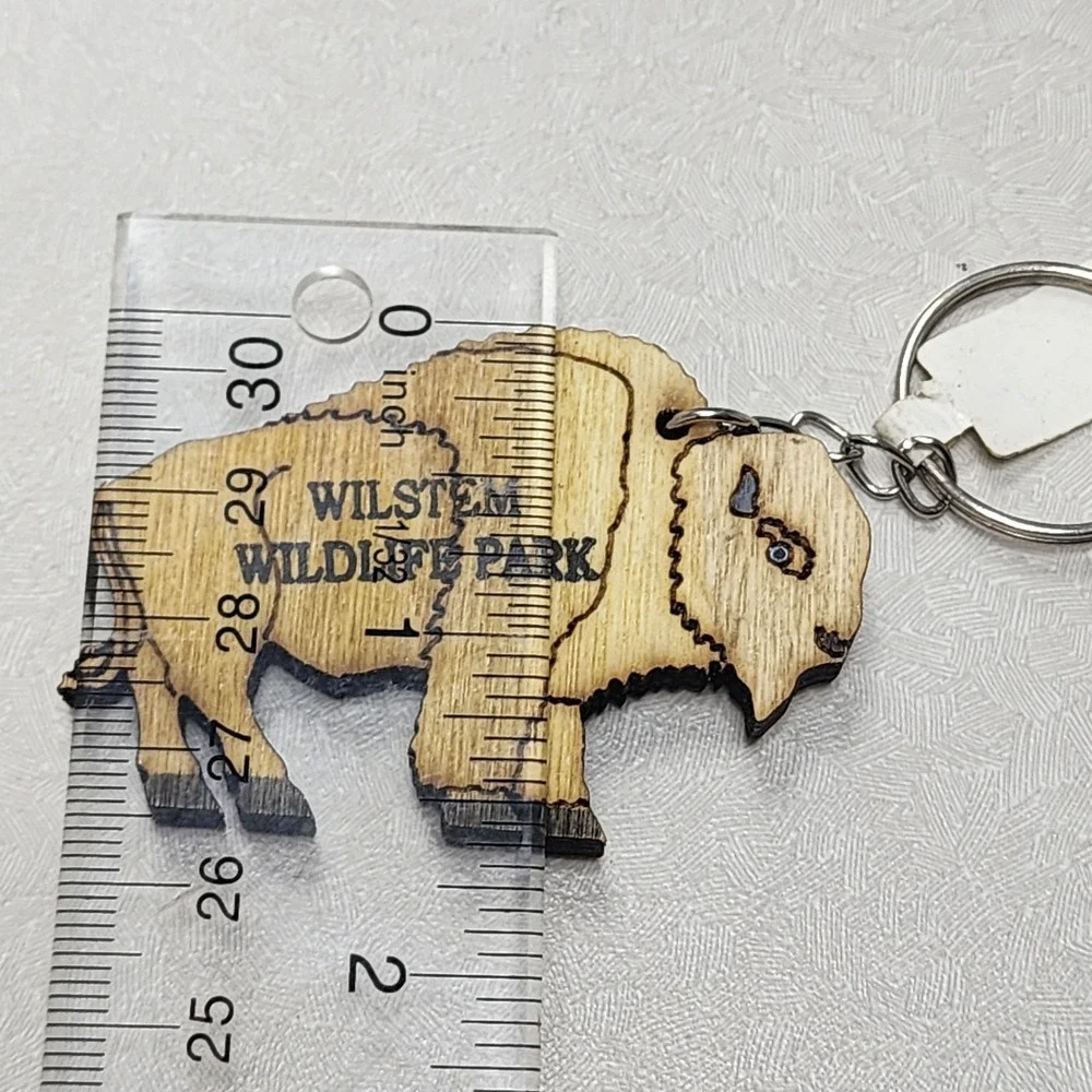 Wilstem Wildlife Park, Indiana Wood Cut Out BUFFALO Animal Key Chain Ring